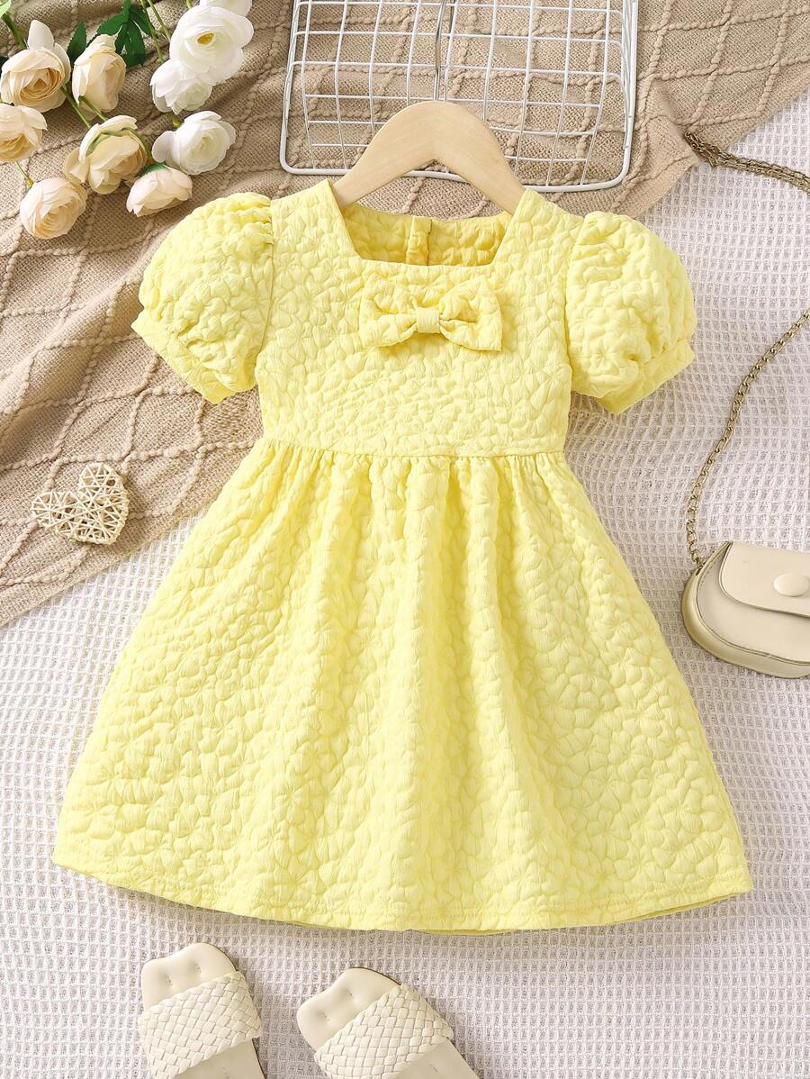 Petite fille Robe en jacquard à nœud papillon manches bouffantes à col carré