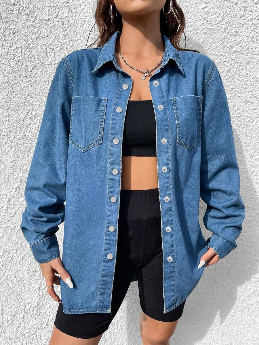 SHEIN ICON Damskie Topy Jeansowe Kieszeń Guziki z przodu Prosty Casual