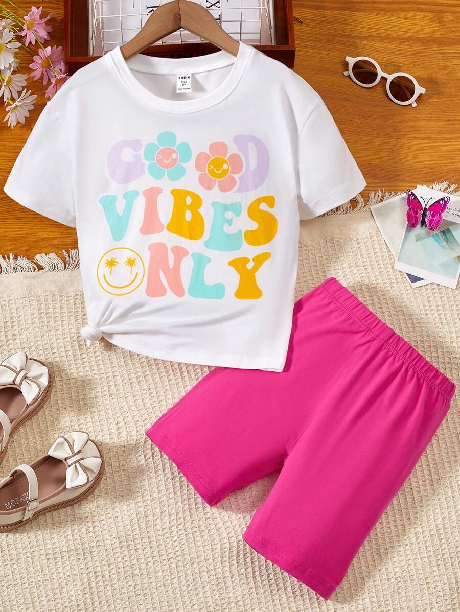 SHEIN Fille Short & T-shirt fleuri et lettre