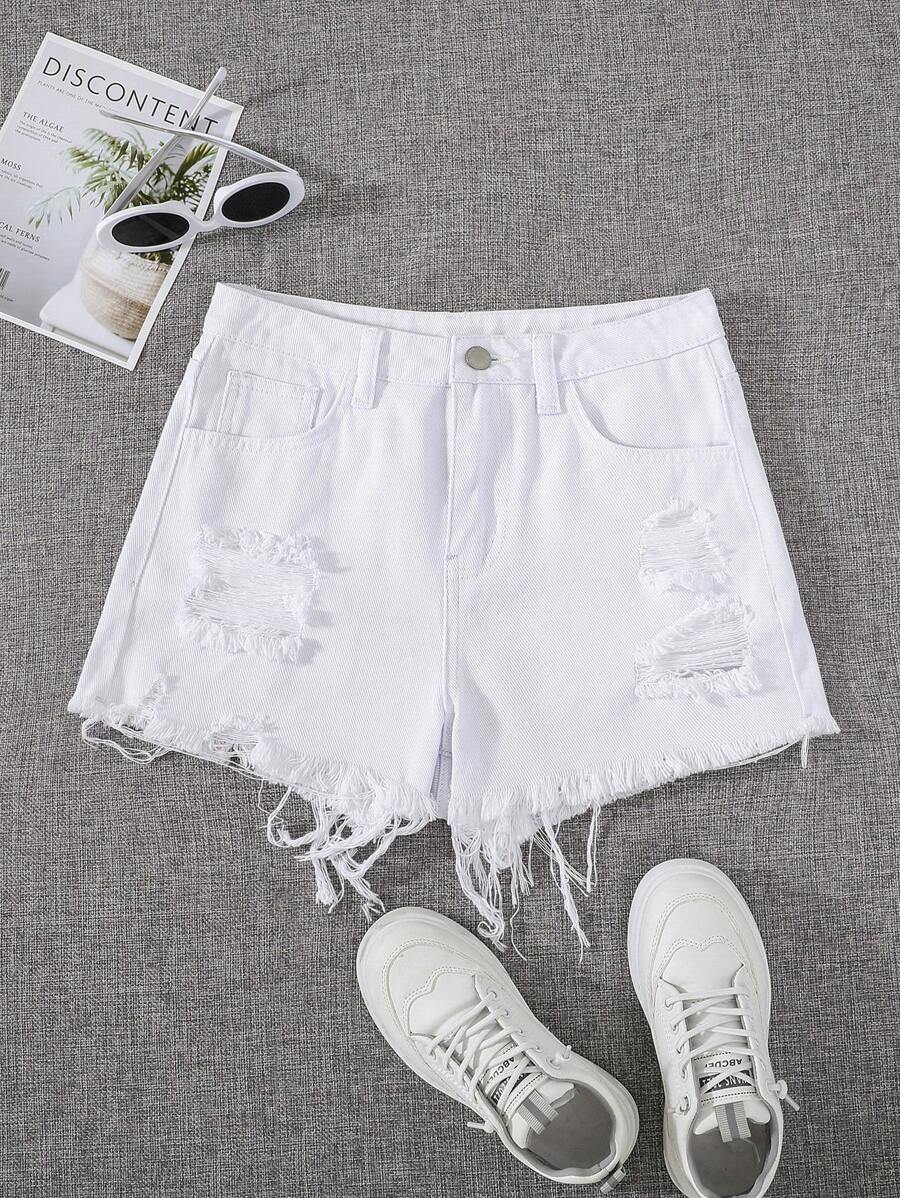 SHEIN شورت جينز بحافة خام ممزق للفتيات المراهقات