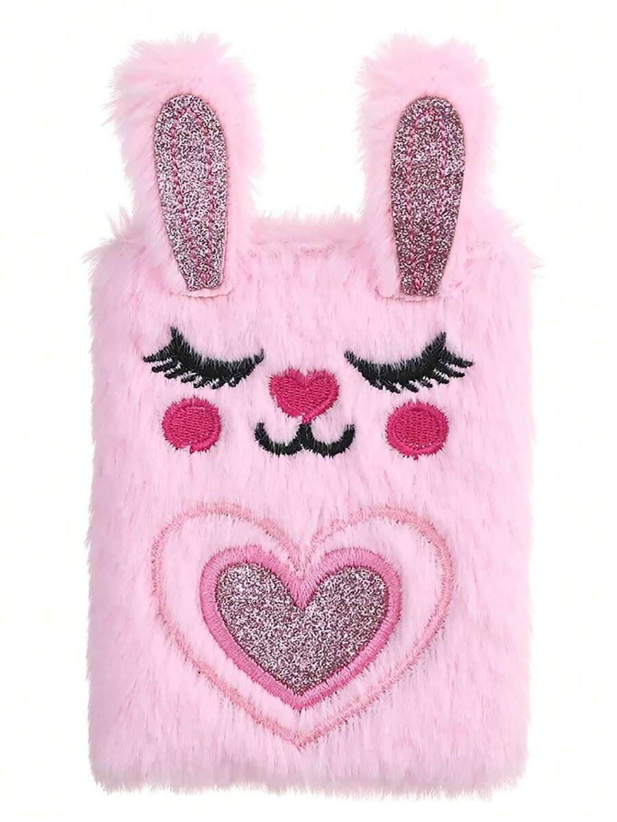 1pc Cartoon Rabbit Embroidered Fuzzy Notebook, Cute Portable Writable Journal Notebook For School Student Back To School