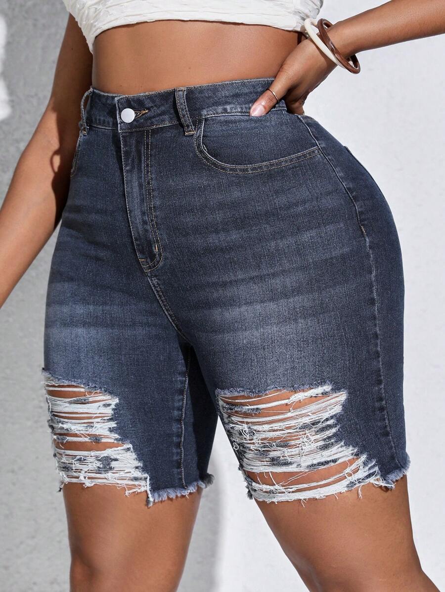 SHEIN SXY Eenkleurig Grote maat: jeansshort Zak Ruwe hem Gescheurd