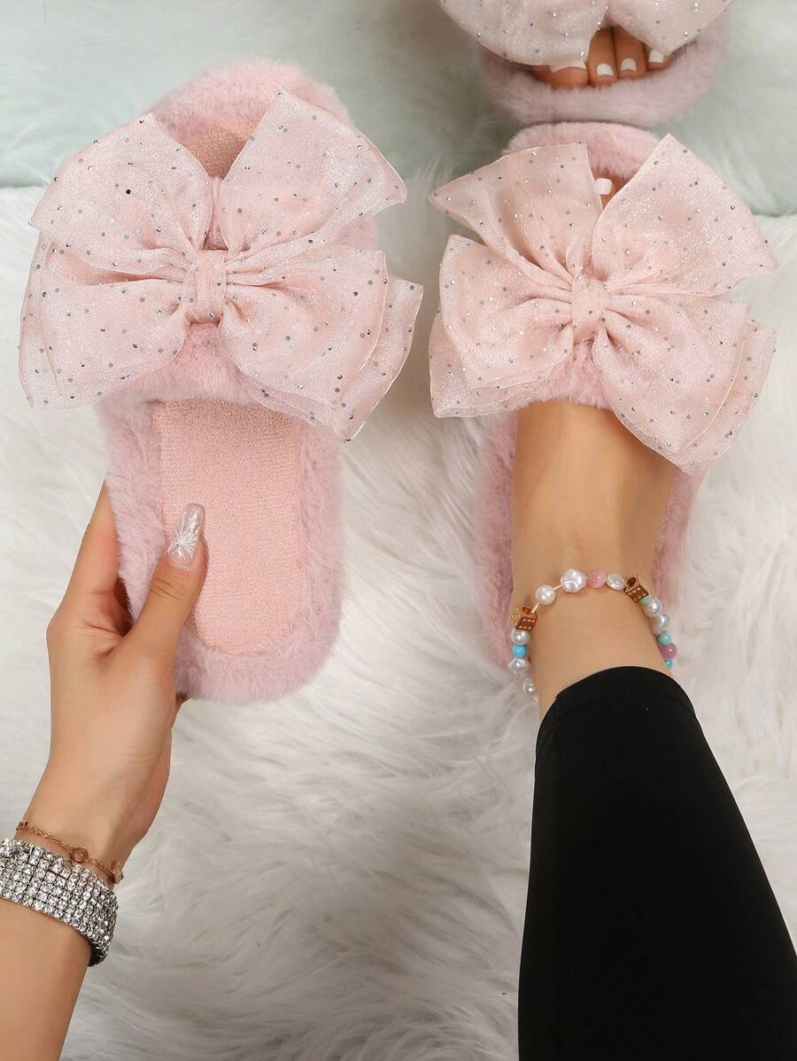 Women's Summer Open Toe Bowknot Mesh Slippers, Casual Soft Bottom Non-Slip Slides Sandals