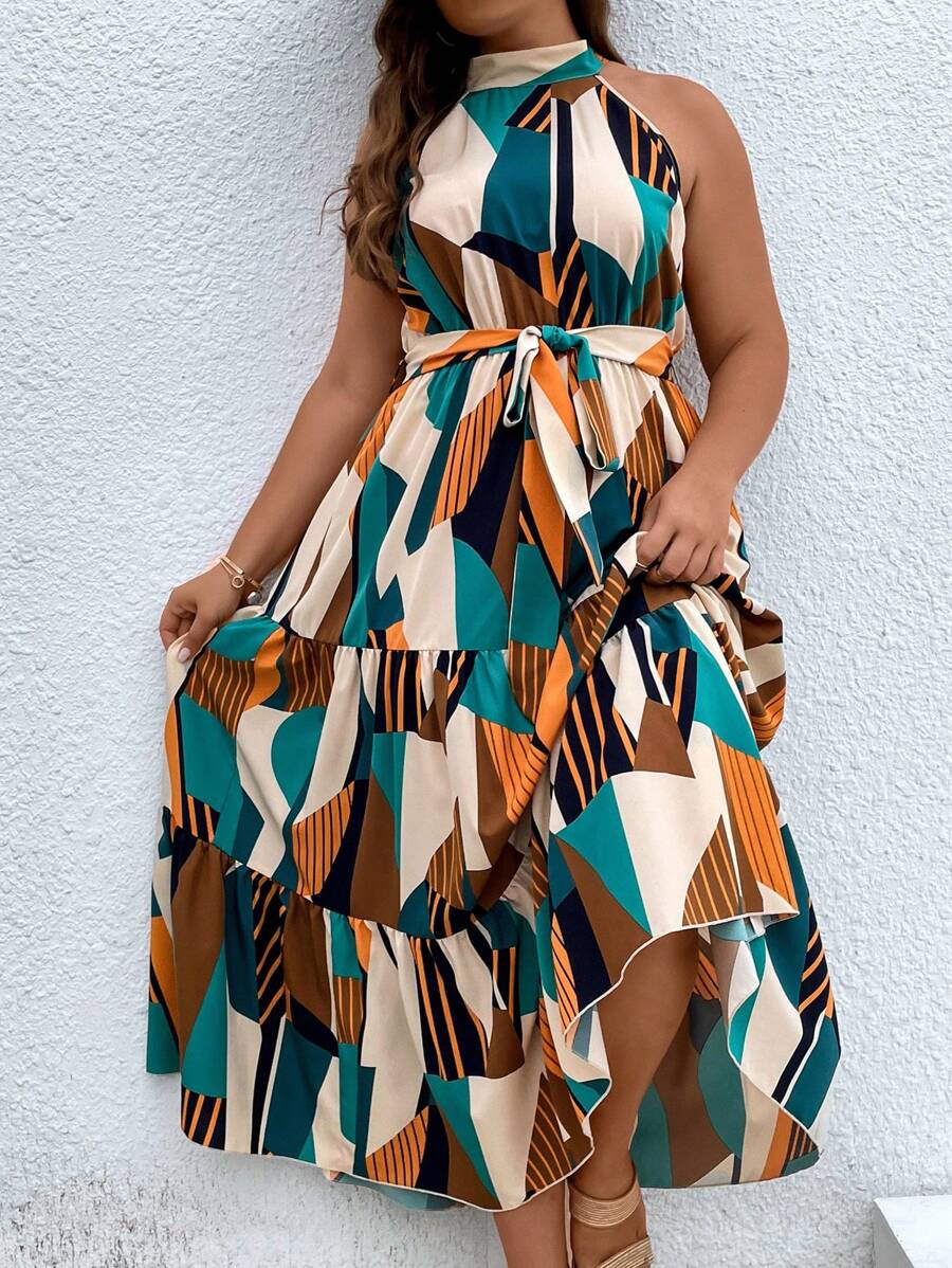 Breezaya Plus Geo Print Ruffle Hem Belted Halter Summer Boho Dress Maxi Women Outfit