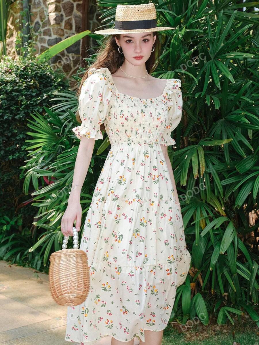 Allover Floral Print Ruffle Trim Puff Sleeve Dress