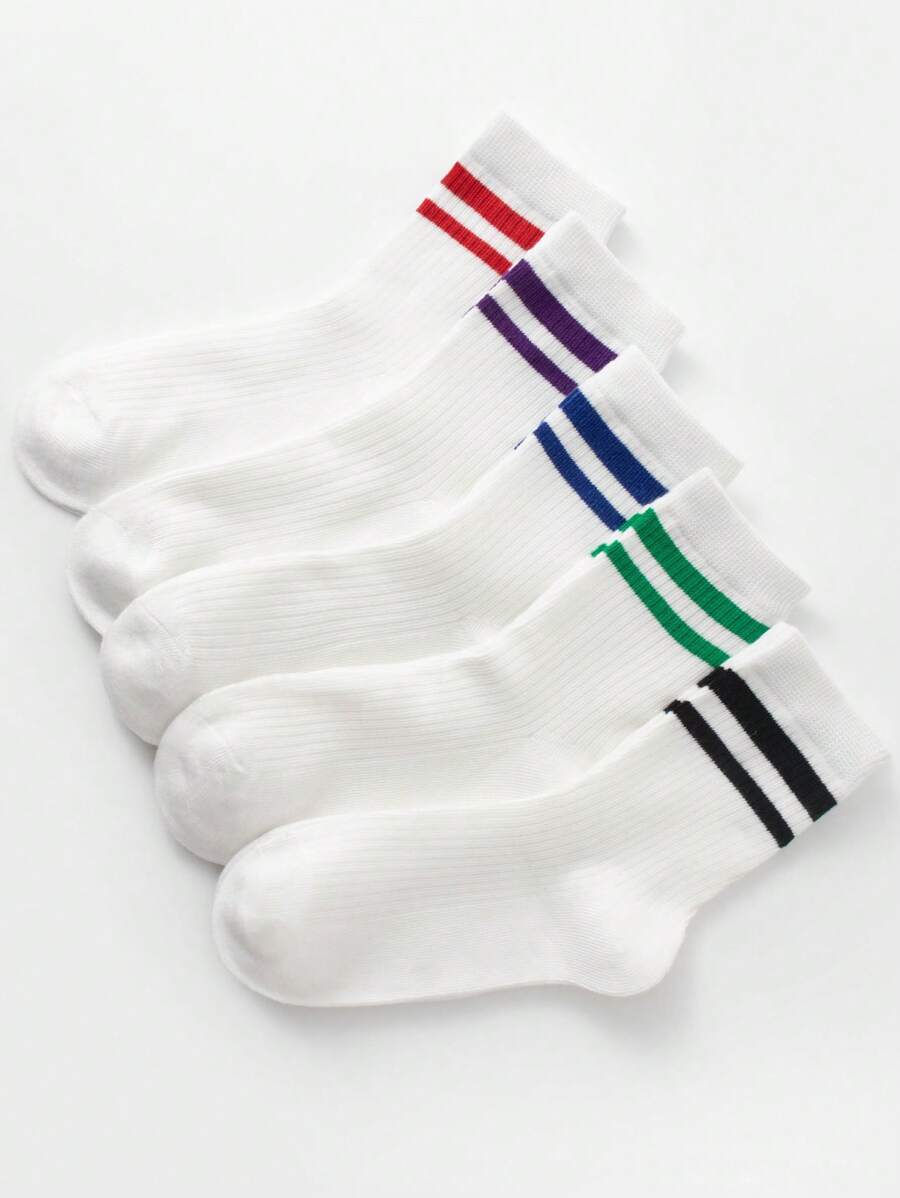 5 paar kleurrijke kindersokken met dubbel staafontwerp, sport- en casual halfhoge sokken, geschikt voor back-to-school-outfits van studenten