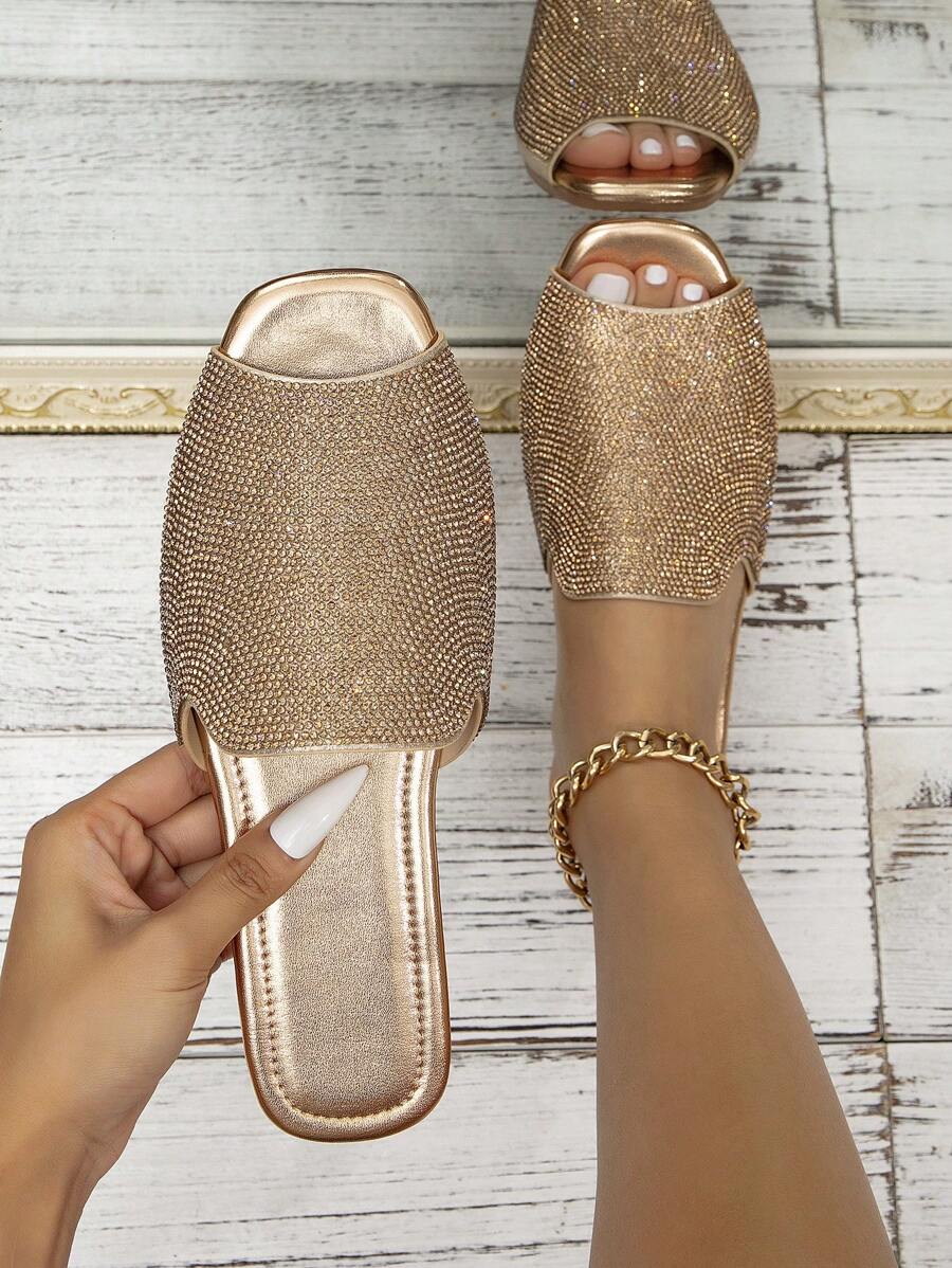 Women Rhinestone Decor Slide Sandals, Glamorous Summer Flat Sandals