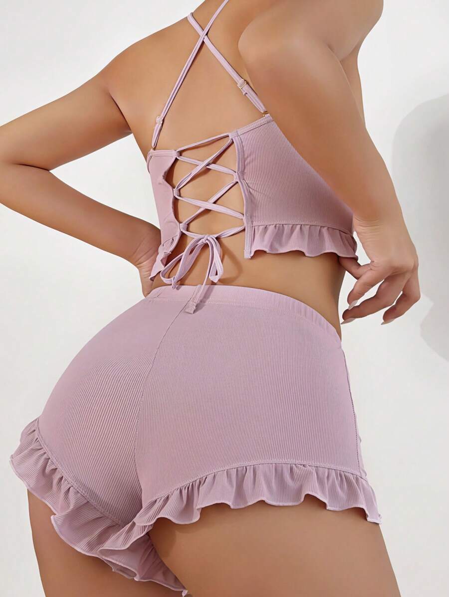Lace Up Backless Ruffle Hem PJ Set / Pajama Set Holidayseason