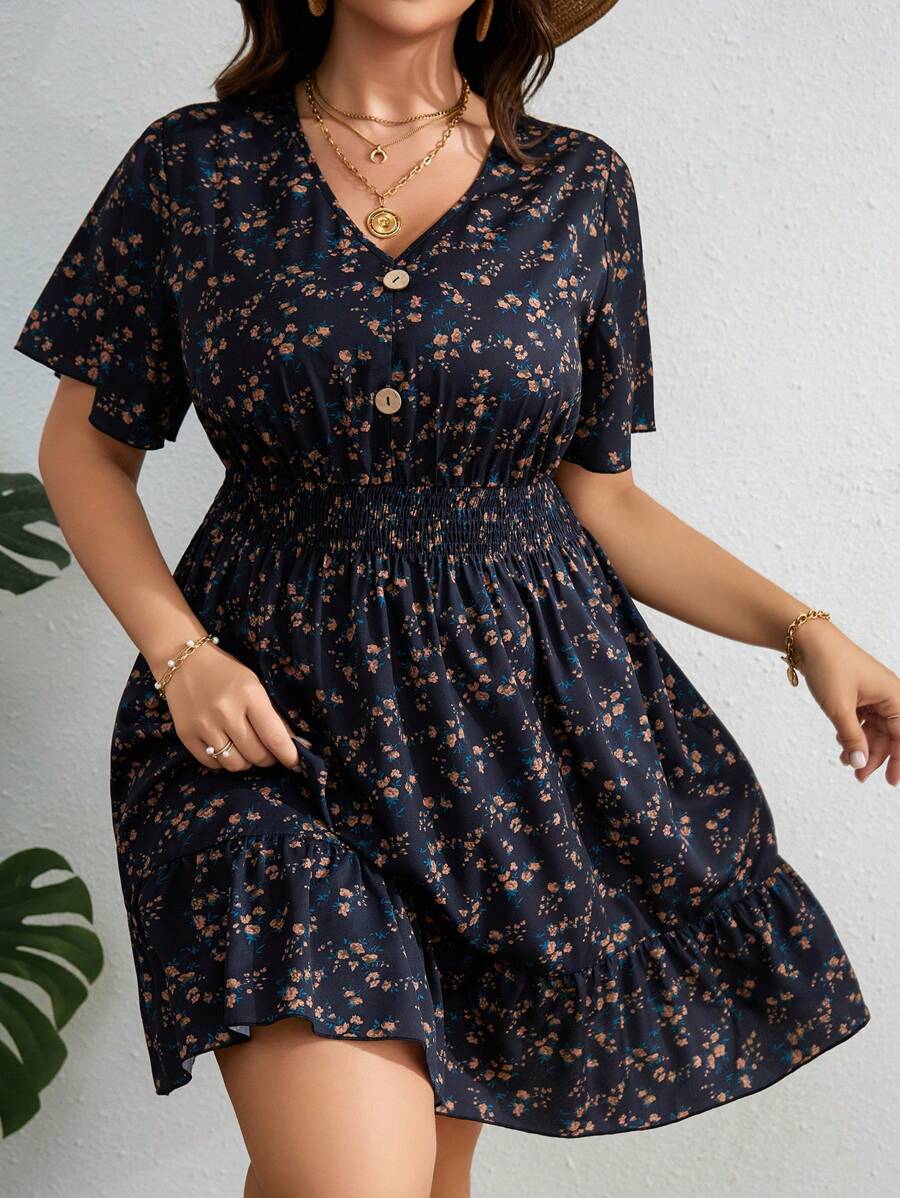 SHEIN LUNE Plus Ditsy Floral Print Ruffle Hem Dress For Summer,Beach Dress Sundress,Holiday Outfits Boho