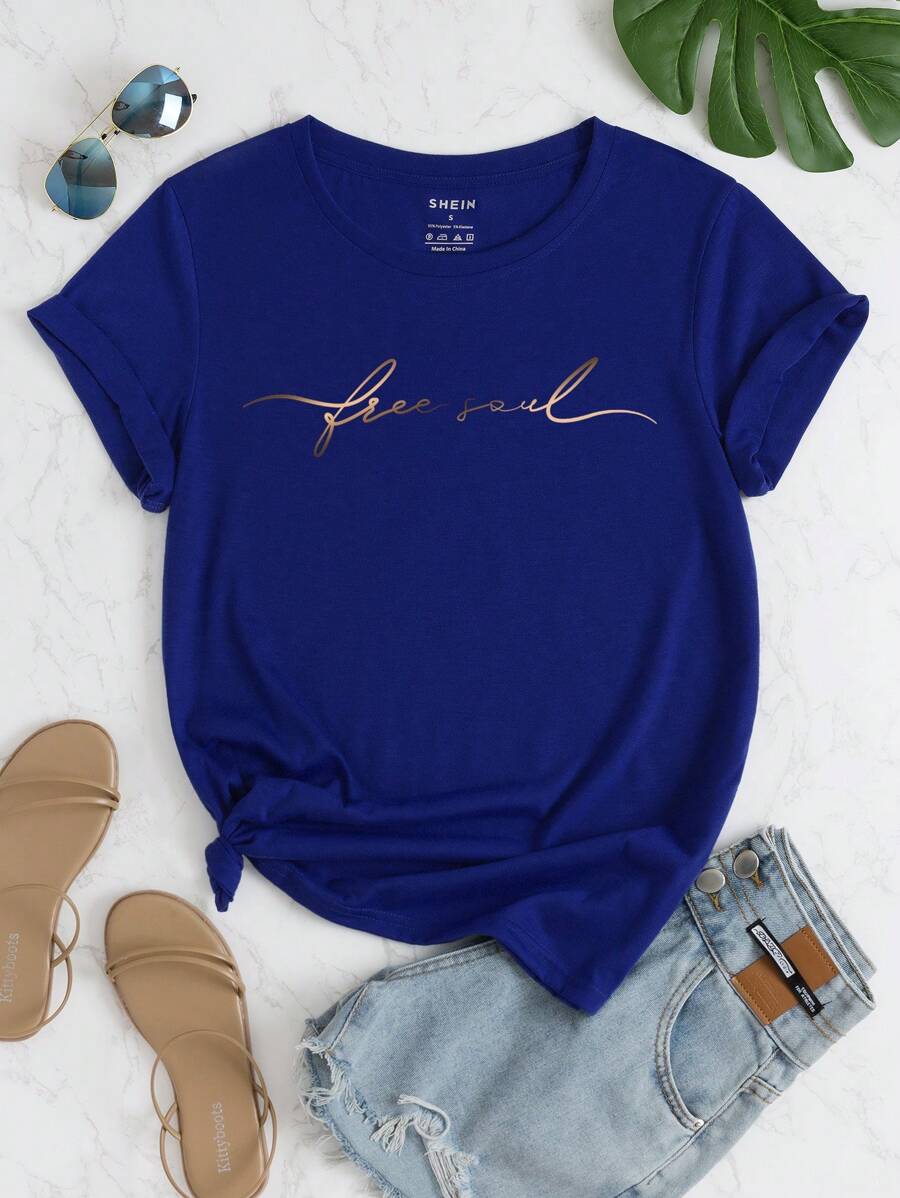 INAWLY Letter Graphic Tee Graphic Tees Women Tops