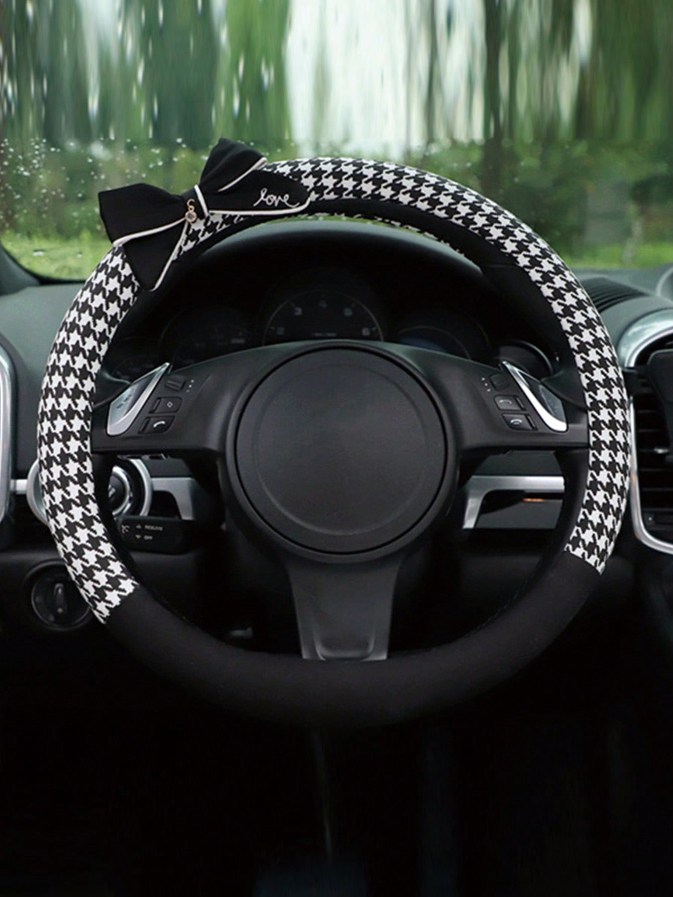 1pc Houndstooth Pattern Bow Decor Fabric Car Steering Wheel Cover