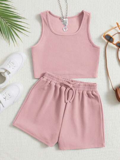 SHEIN Tween Girl Solid Tank Top & Drawstring Waist Shorts