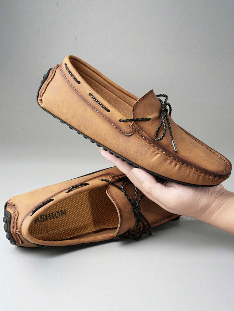 Mannen Bow Decor Gestikt Detail Rijden Loafers, Kunstleer Mode Loafers