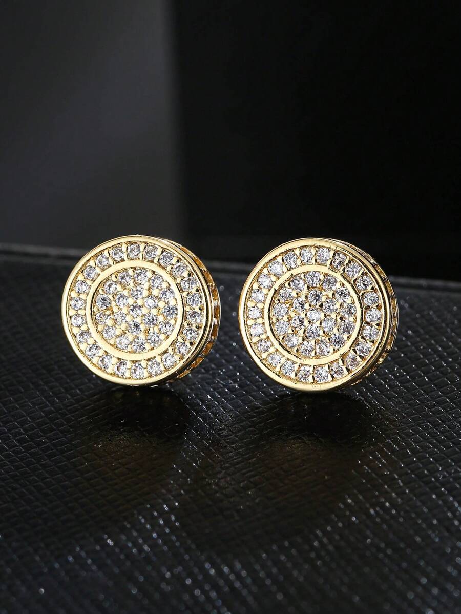 Men Cubic Zirconia Decor Round Stud Earrings Copper Punk Hip Pop Style, For Jewelry Gift And Party