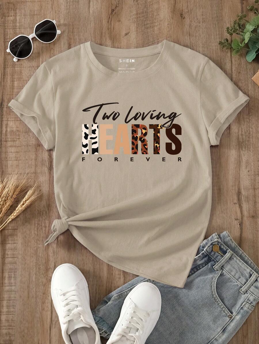 INAWLY Grafisch T-shirt met slogan Twee liefdevolle HARTEN VOOR ALTIJD