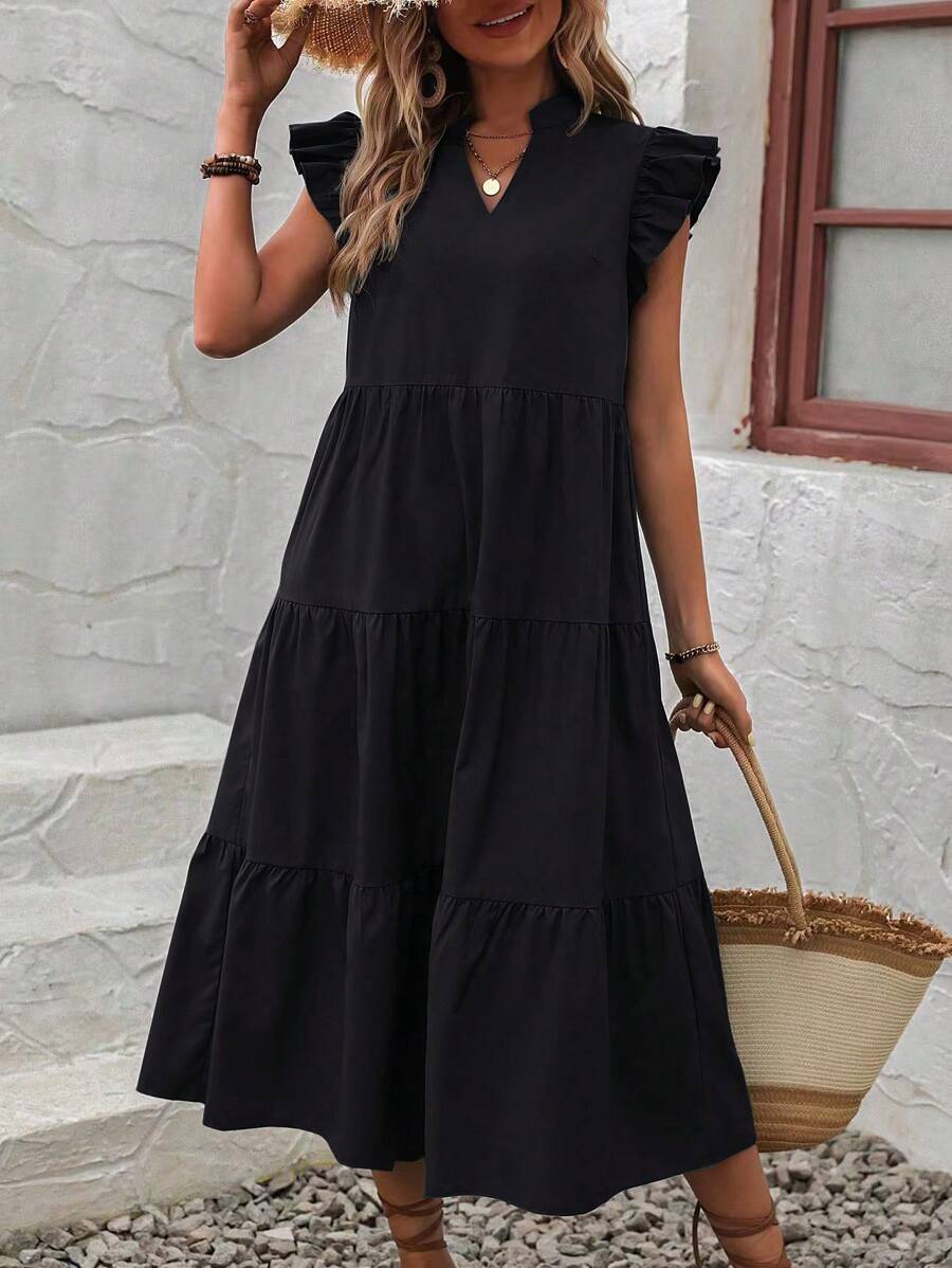 Breezaya Robe longue maxi avec encolure échancrée, garniture volantée, pour vacances et tenue de plage pour femme