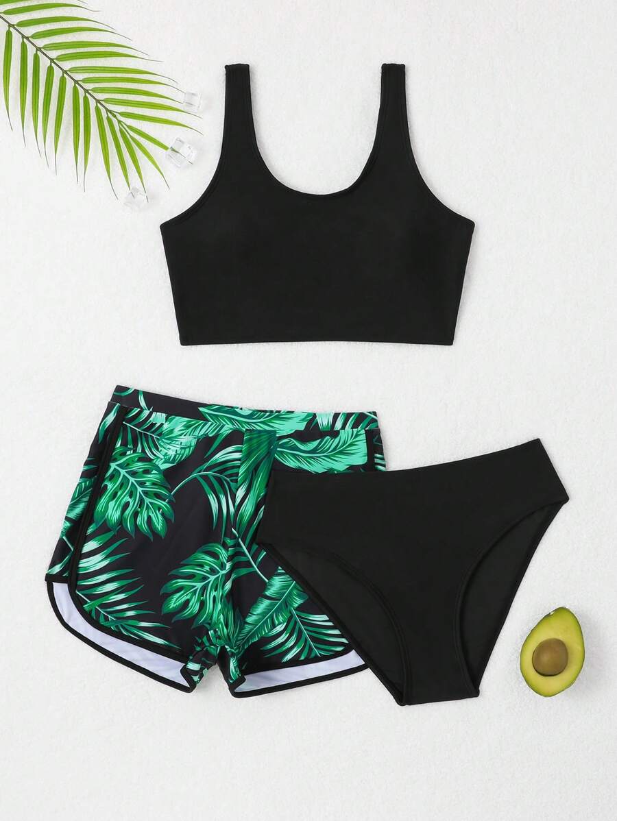 Conjunto de bikini con estampado tropical y shorts de playa para niñas adolescentes, verano playa