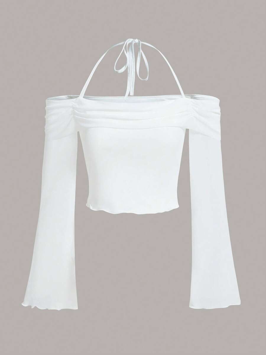 SHEIN ICON Solid Halter Neck Flounce Sleeve Crop Top