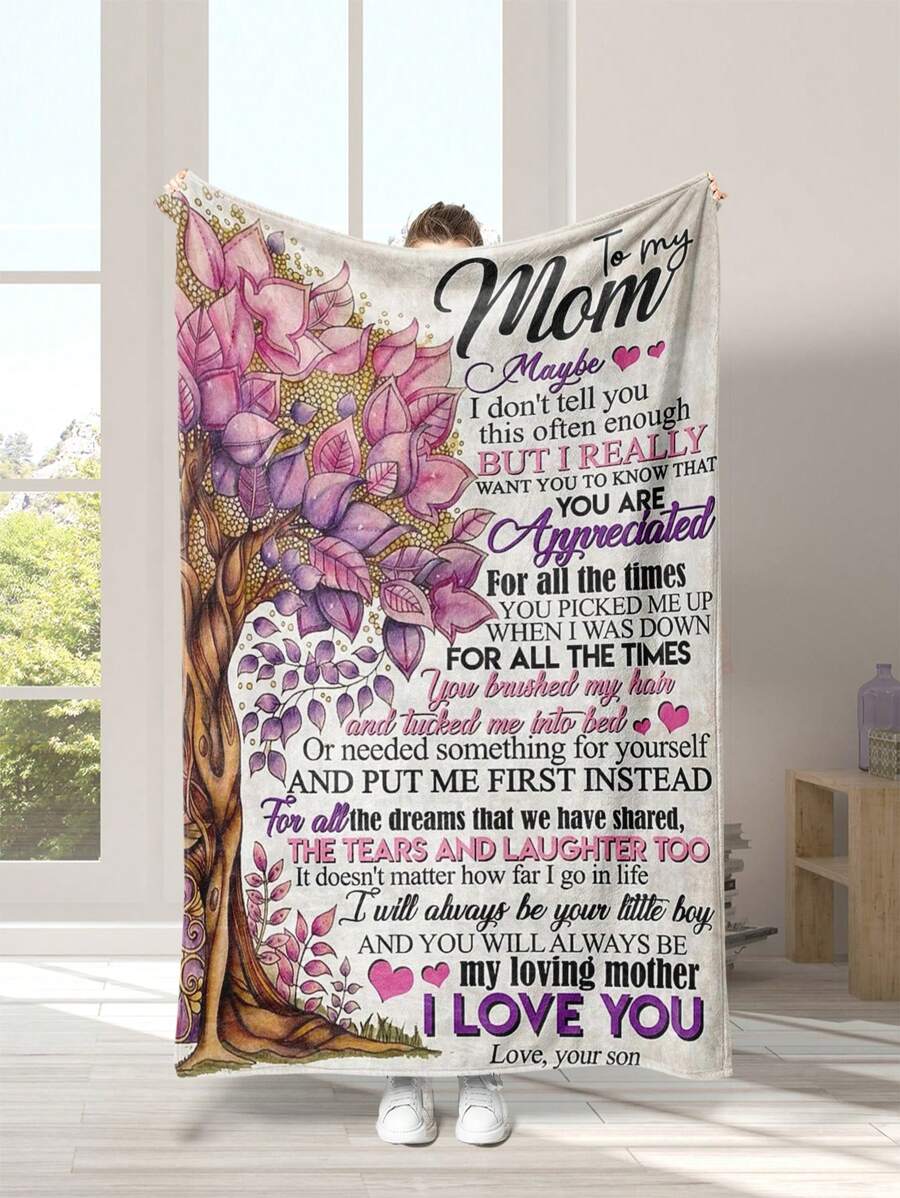 1 pieza Manta con estampado de árbol y slogan Día de la Madre franela de dormir para regalo