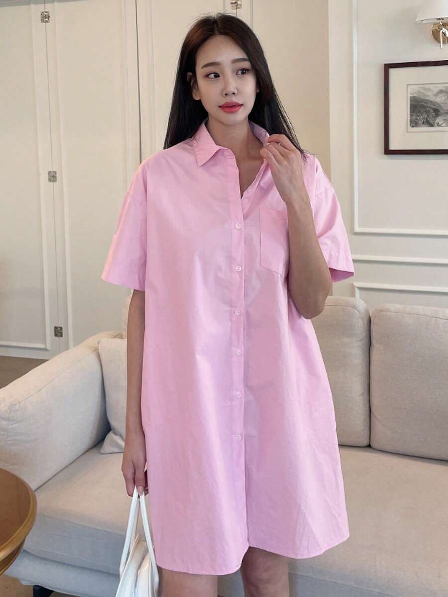 DAZY Solid Pocket Patched Drop Shoulder Shirt Dress,Casual Women Dresses