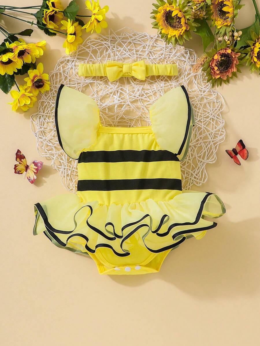 SHEIN Neonato Body righe tulle a contrasto con bordo a volant