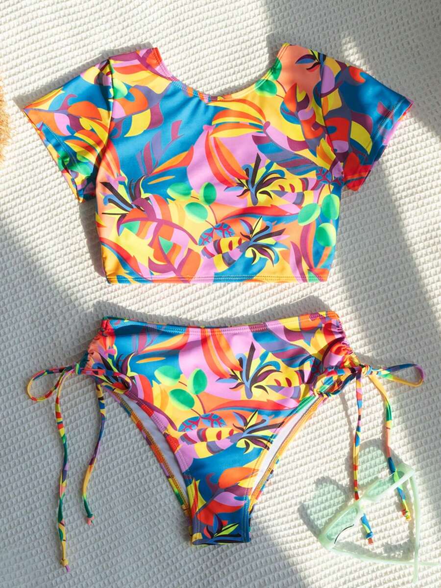 SHEIN Swim Zomerstrand bikiniset met tropische print en trekkoord aan de zijkant