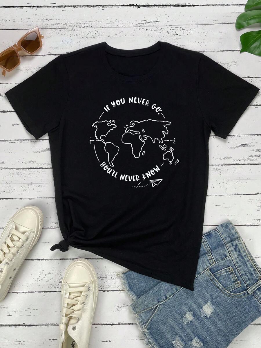 SHEIN LUNE Camiseta mapa & con estampado de slogan