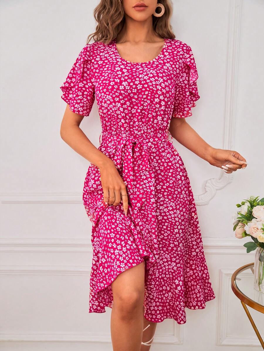SHEIN LUNE Ditsy Floral Ruffle Hem Belted Dress