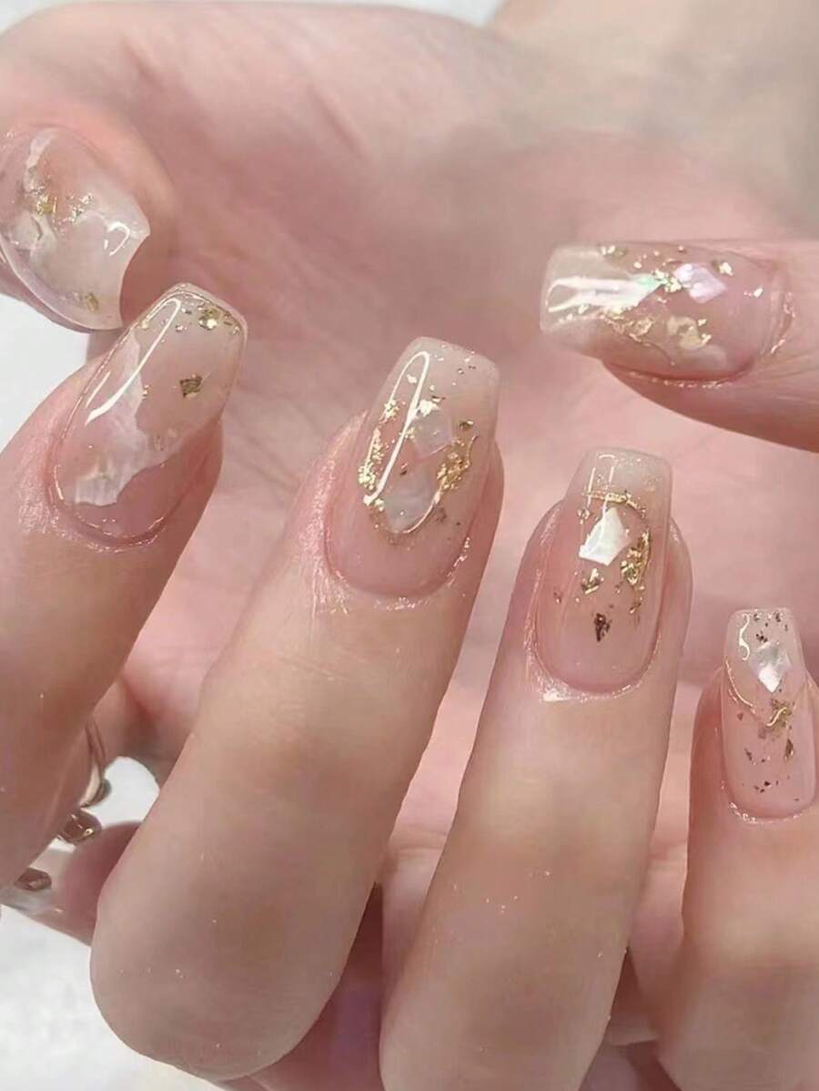 Get Glamorous With 24pcs Short Coffin Glitter Sequins Marble Print Fake Nail & 1pc Nail File & 1sheet Tape Press On Nails Nail Supplies