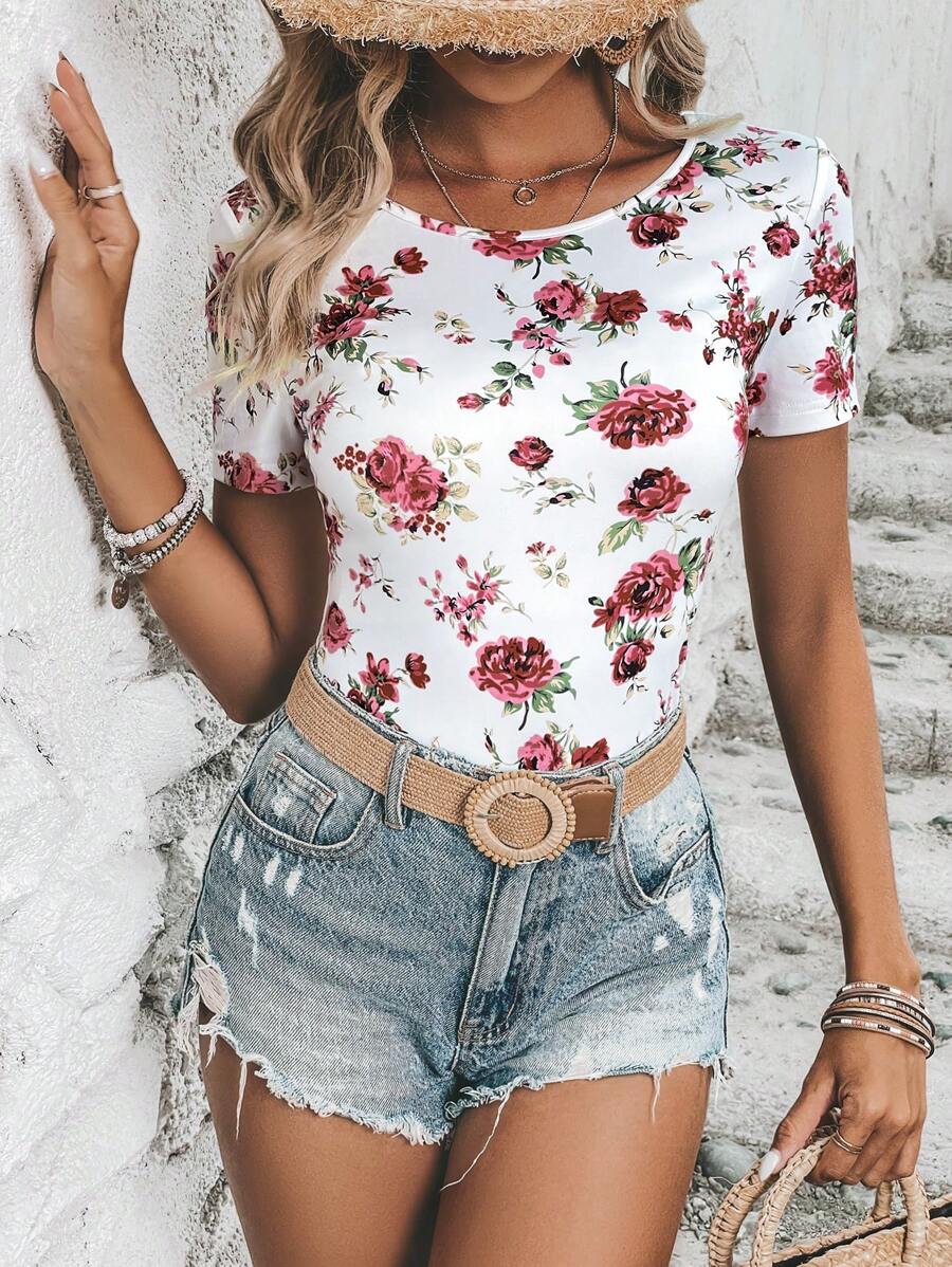 SHEIN LUNE Floral Print Tee Summer Outfits For Women Going Out Tops Spring Clothes