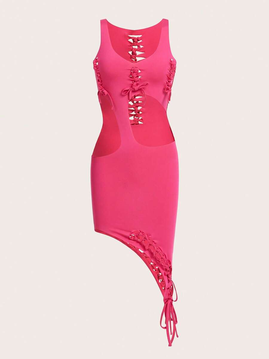 SHEIN ICON Lace Up Front Cut Out Asymmetrical Hem Bodycon Dress