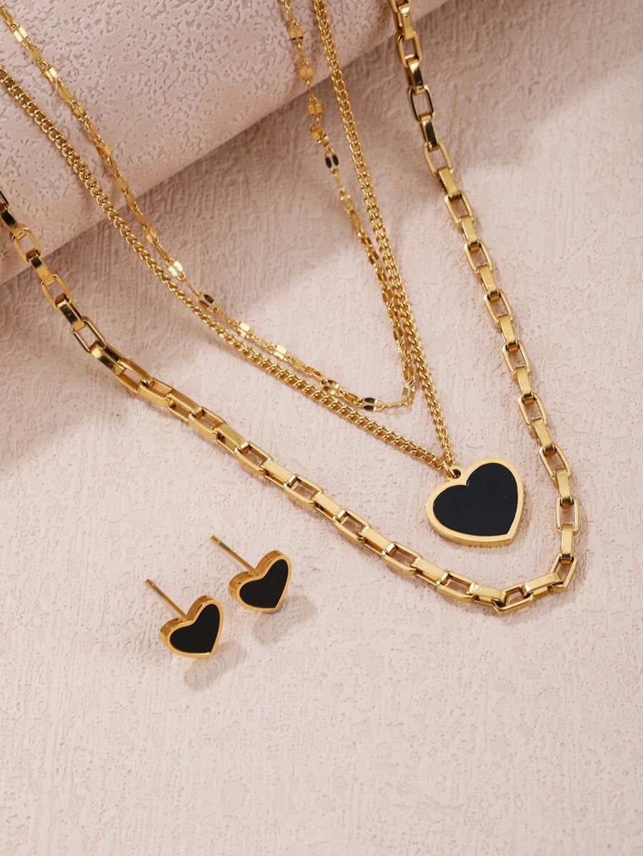 Ensemble de collier de pendentif à cœur noir superposé à multiples couches en acier inoxydable plaqué or 18k pour femmes, avec boucles d'oreilles, idéal pour l'anniversaire, la fête des mères, la Saint-Valentin, les rencontres, la fête dansante, les vacances de Bohême et la saison des mariages (3 pièces).