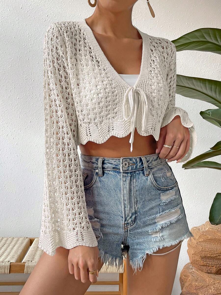 Breezaya Cardigan mit Band vorne, Bogenkante, Trompetenärmeln,