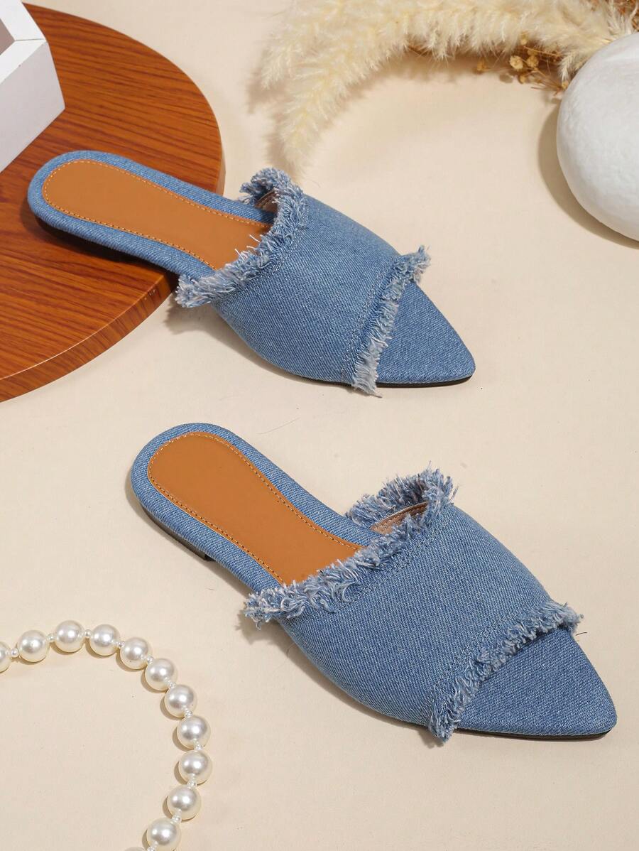 Fashion Blue Sandals For Women, Raw Trim Denim Slide Sandals
