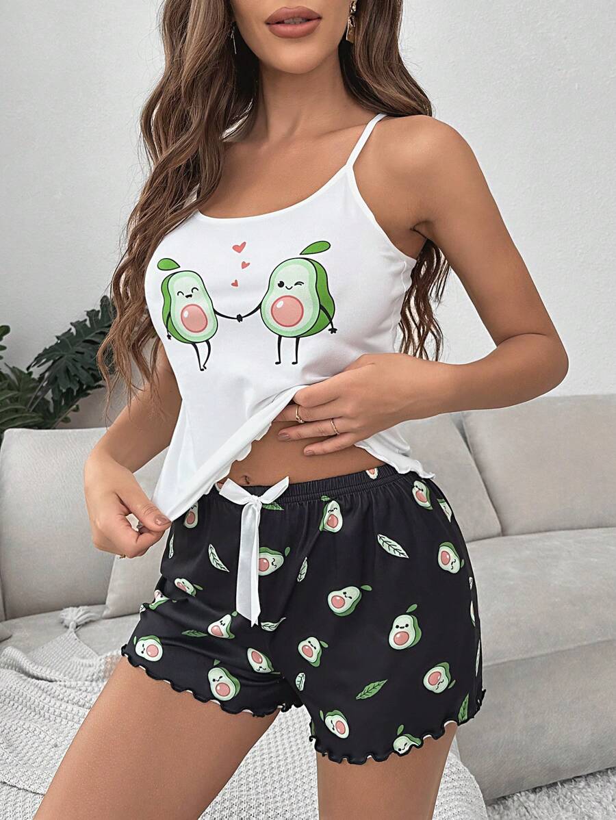 Conjunto de pijama con gráfico de caricatura, ribete de lechuga y lazo frontal