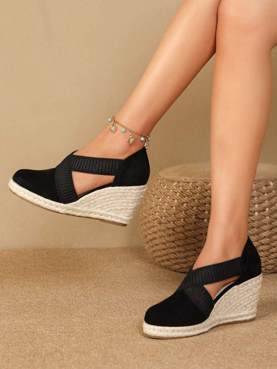 Women Minimalist Espadrille Court Wedges, Faux Suede Vacation Wedge Shoes Black