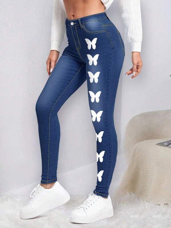 Jeans ajustados con estampado de mariposa Moda de Mujer SHEIN México