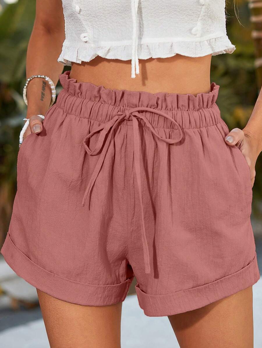 Flirla Short à taille froncée ourlet roulé à nœud