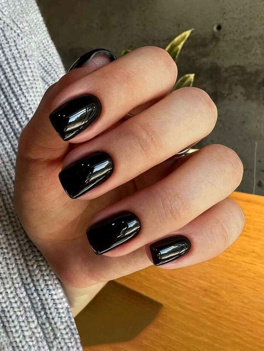 Get Glamorous With 24pcs Short Square Black Solid Color Plain Fake Nail & 1pc Nail File & 1sheet Tape Press On Nails Nail Supplies