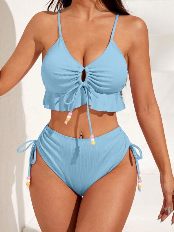 Shein Swim Mod Ruffle Hem Drawstring Bikini Swimsuit Shein Usa