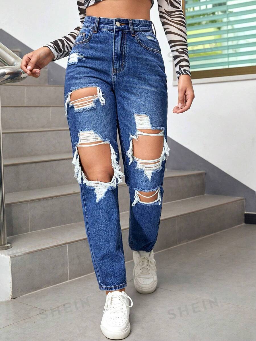 SHEIN EZwear Jeans de ajuste mom de talle alto desgarro con abertura