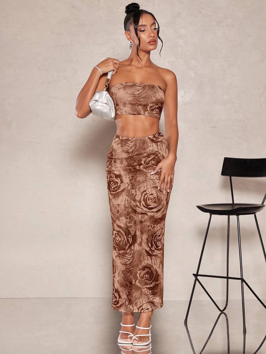 SHEIN BAE Floral Print Tube Top & Pencil Skirt