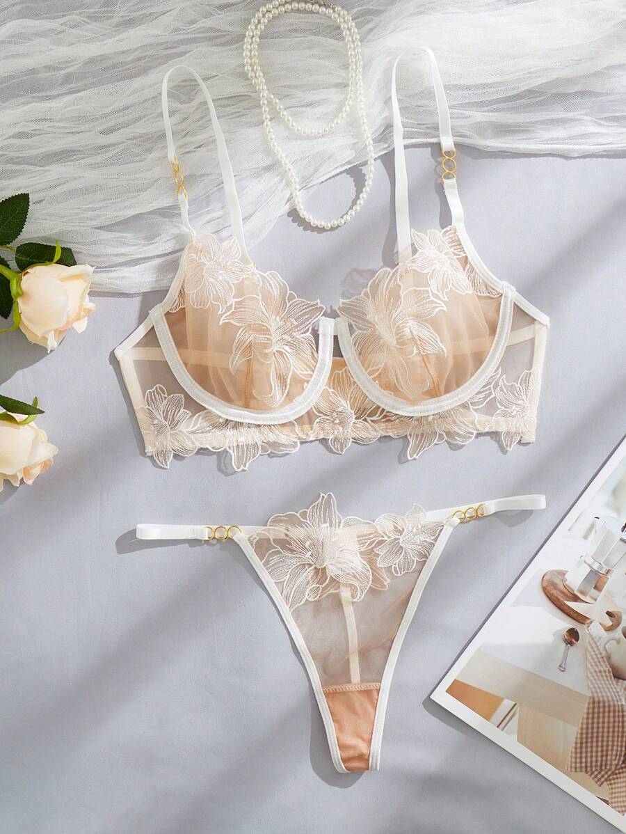 Floral Embroidery Mesh Underwire Lingerie Set Shein Usa