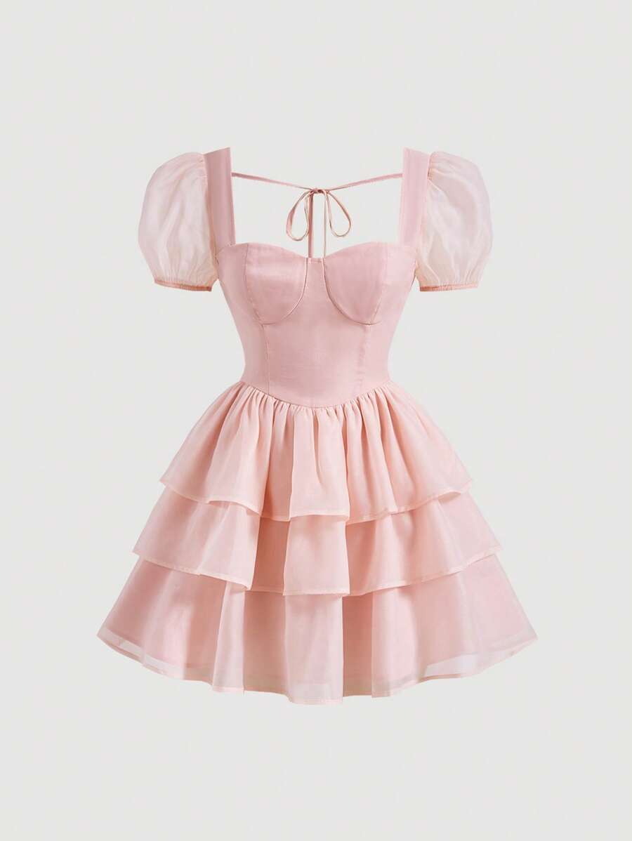 SHEIN MOD Solid Puff Sleeve Layered Ruffle Hem Dress
