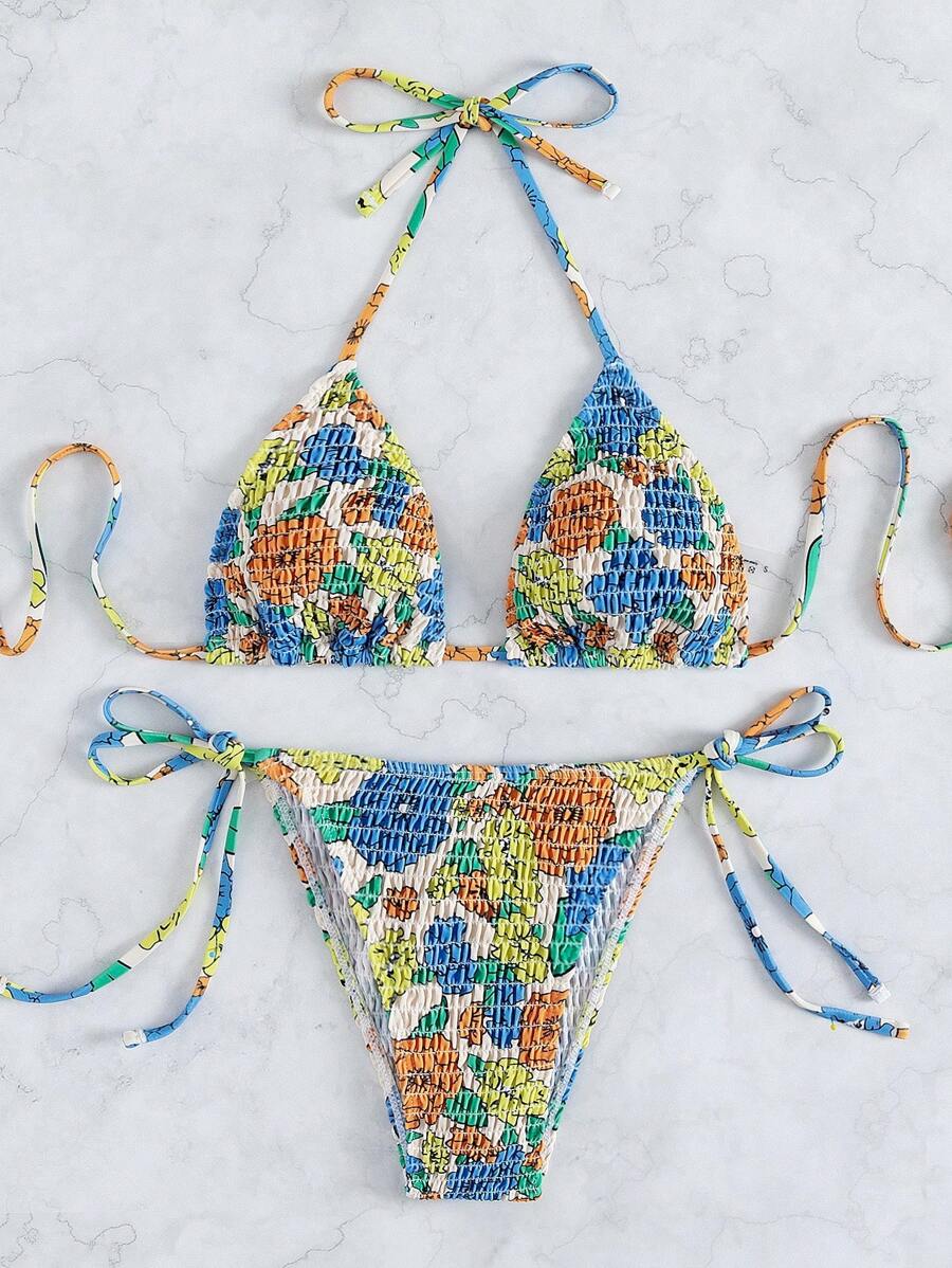 Shein Vcay Summer Beach Floral Print Bikini Set Smocked Triangle Bra Tie Side Thong Pieces