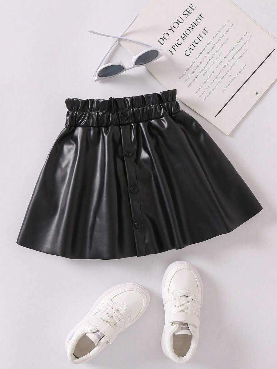 SHEIN Falda De Pu Para Niña Joven Con Cintura Estilo Bolsa De Papel Y Botones En La Parte Delantera