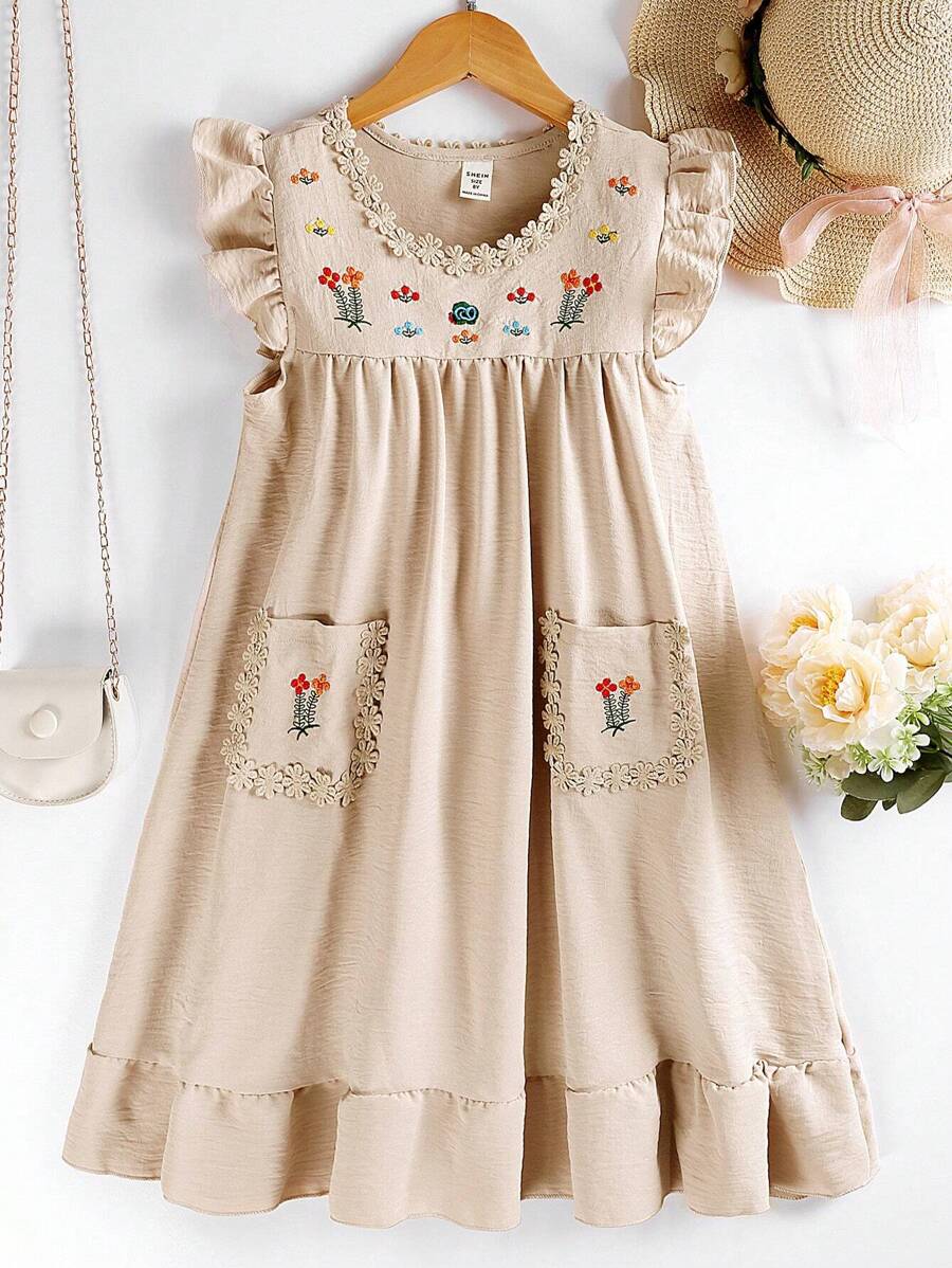 SHEIN Vintaside Kids Vestido De Menina Pré-adolescente Floral Com Bordado E Babado Na Barra E Bolso Adicional