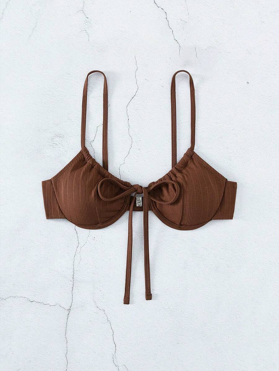 SHEIN Swim Summer Beach Solid Tie Front Underwire Bikini Top