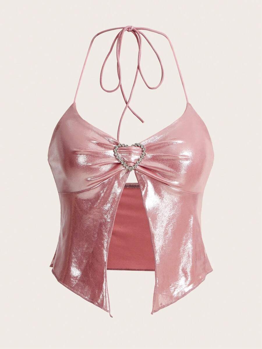 SHEIN ICON Metallic Rhinestone Heart Ring Linked Tie Backless Halter Top