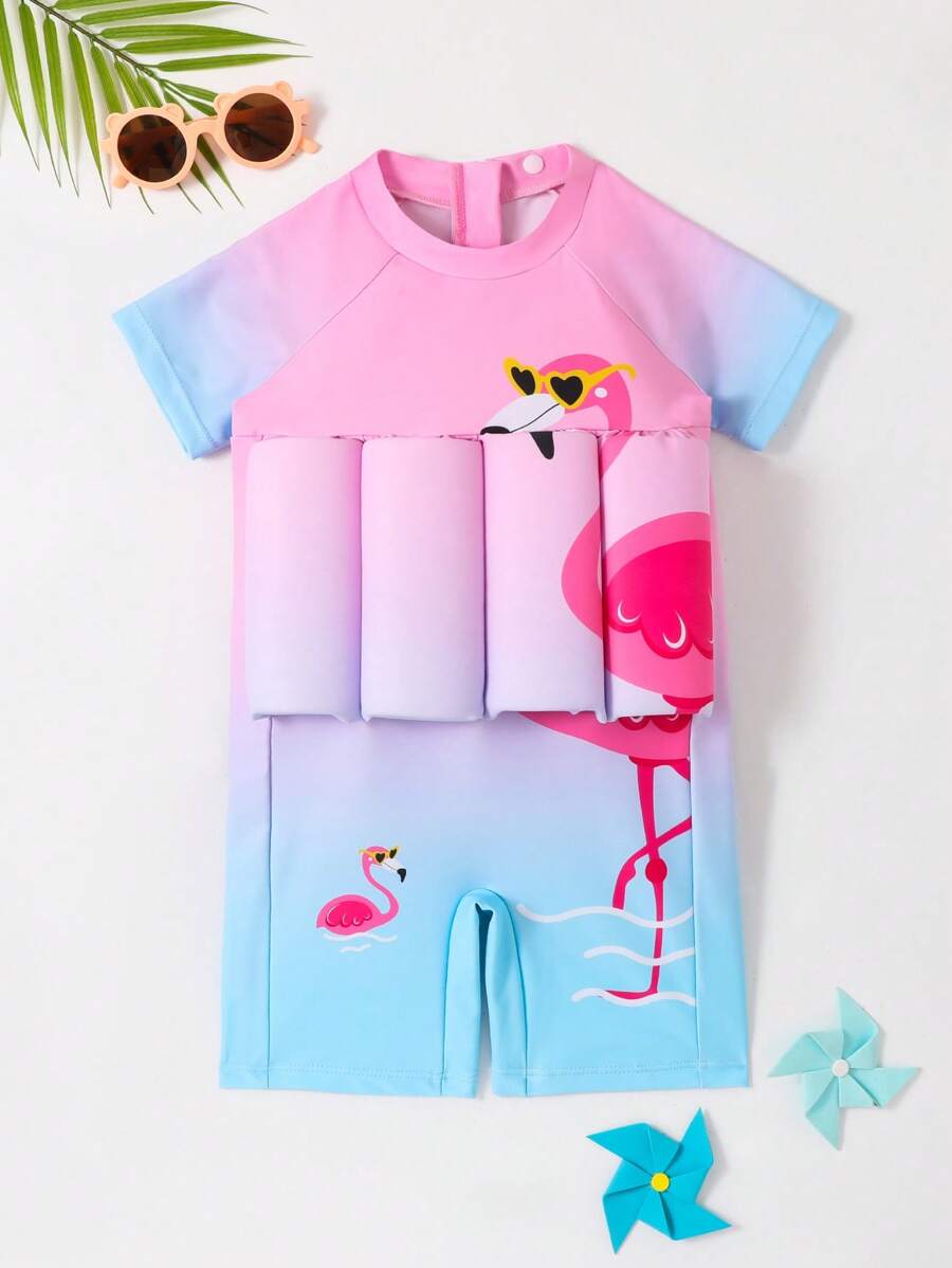 Jeune Fille Maillot De Bain Une Pièce Avec Anneau De Natation Fonction Et Protection Uv Pour L'Été , Dessin Animé Mignon Imprimé Flamant